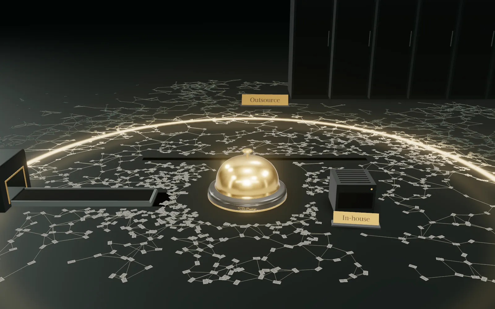 The bell rings and a ring of light runs across the desk, lighting every record card it passes.