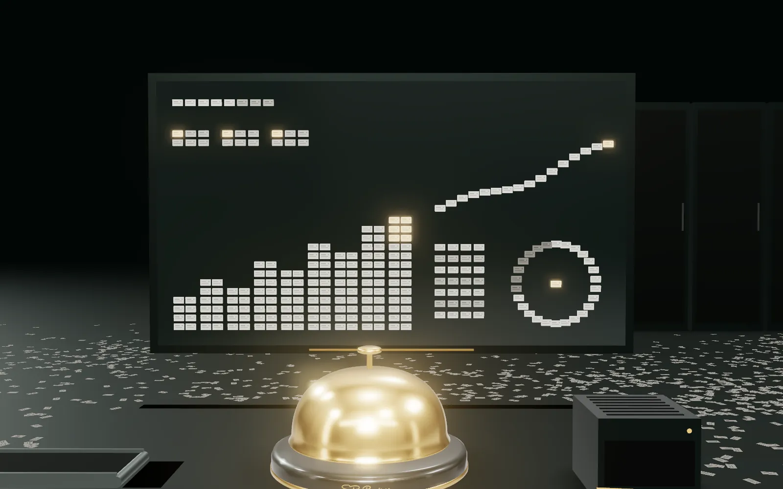 A screen rises out of the desk and the record cards fly onto it as a dashboard of charts.