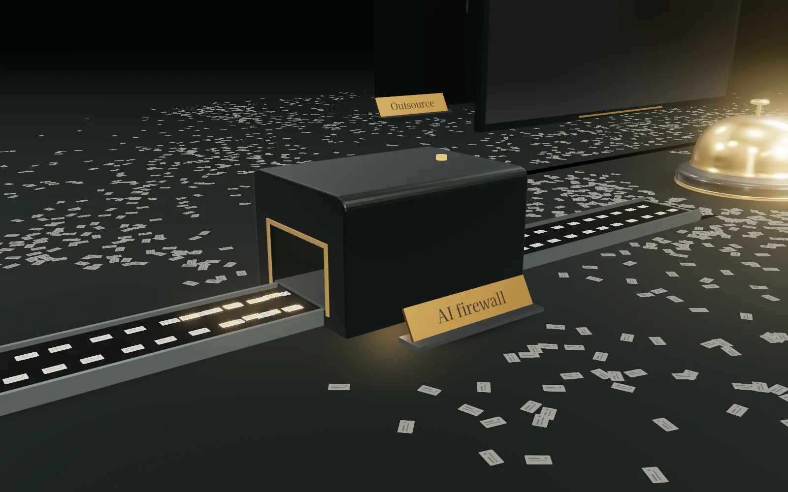 The record cards ride a conveyor through the AI firewall scanner, and the ones it stops are held in gold at its mouth.