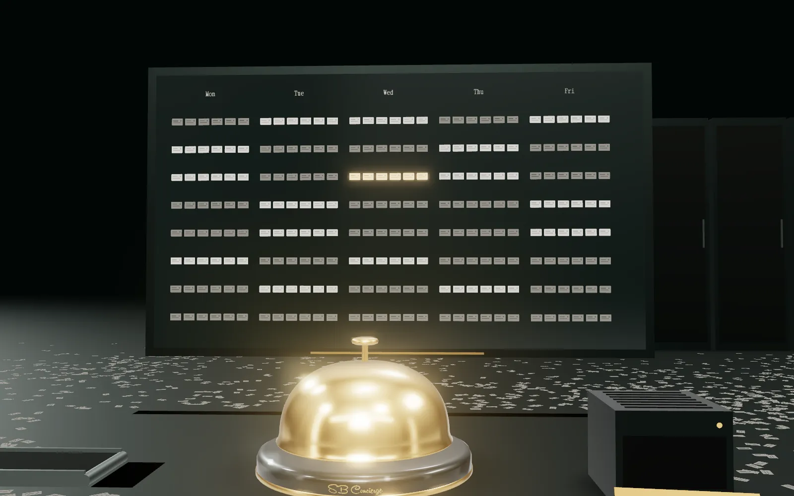A week calendar fills the screen; the bell rings again and one meeting turns gold.